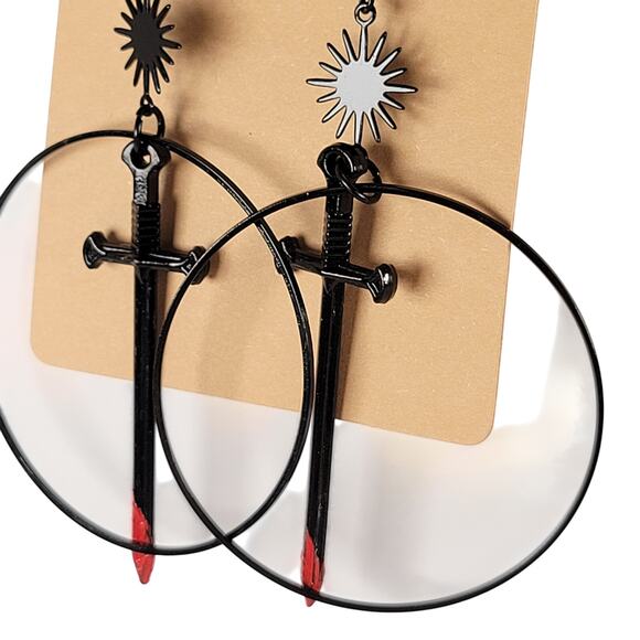 Gothic Sword Hoop Earrings Black Red Blade Sunburst Dangle Cosplay Jewelry 3" - Picture 7 of 9